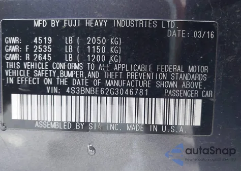 2016 Subaru Legacy 2.5I Premium z USA, uszkodzony, nr VIN 4S3BNBE62G3046781